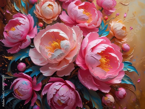 Fototapeta Naklejka Na Ścianę i Meble -  Oil painting of pink peonies with thick brushstrokes and impasto create depth. Swirling, colorful petals contrast with a rich, velvety background. Wallpaper or canvas art.