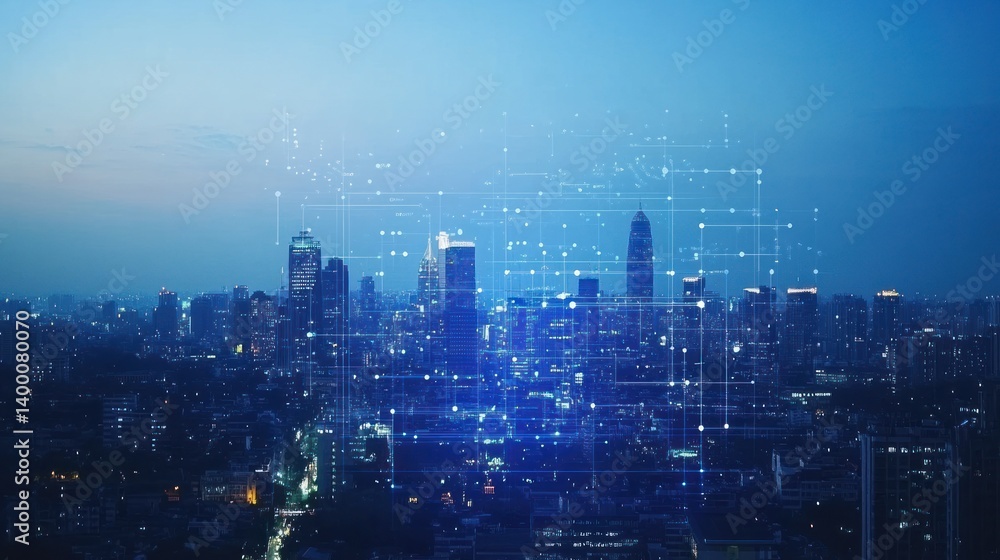 Cityscape at Night with Digital Network Overlay Cityscape at Night with Digital Network Overlay