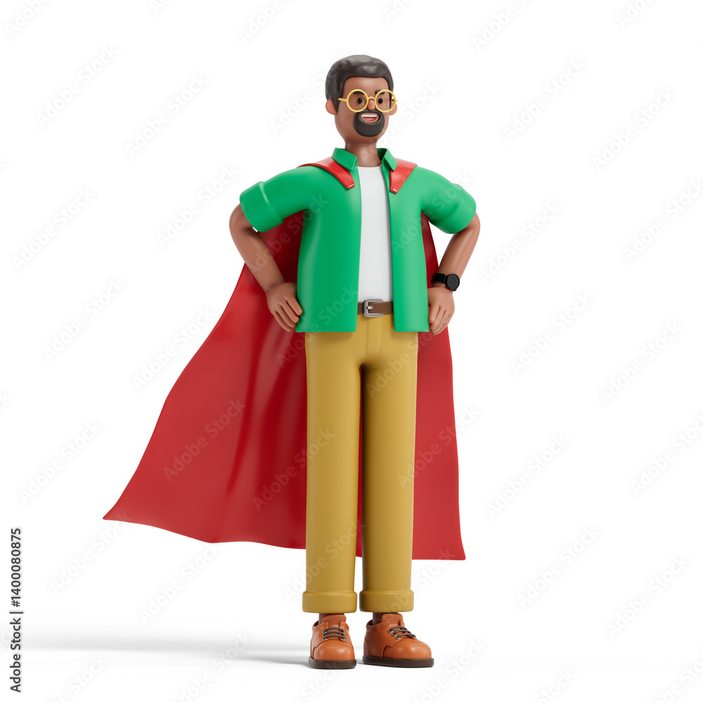 A man stands with hands on hips, wearing a cape, symbolizing leadership and heroism. 3D rendering, conceptual image. Isolated on white background. A man stands with hands on hips, wearing a cape, symbolizing leadership and heroism. 3D rendering, conceptual image. Isolated on white background.