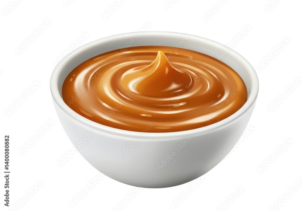 A bowl filled with caramel sauce showing its swirls and a peak on a white background isolated A bowl filled with caramel sauce showing its swirls and a peak on a white background isolated