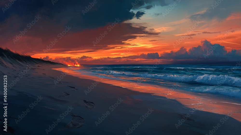 Fototapeta premium 88.A serene beach at twilight, with gentle waves lapping at the shore, a colorful sky transitioning from orange to deep blue, and footprints in the sand leading to a distant bonfire.