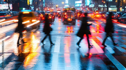 Wallpaper Mural 87.A bustling urban street at dusk, with neon lights reflecting off wet pavement, silhouettes of pedestrians crossing the road, and streaks of light from moving vehicles creating a dynamic, vibrant Torontodigital.ca
