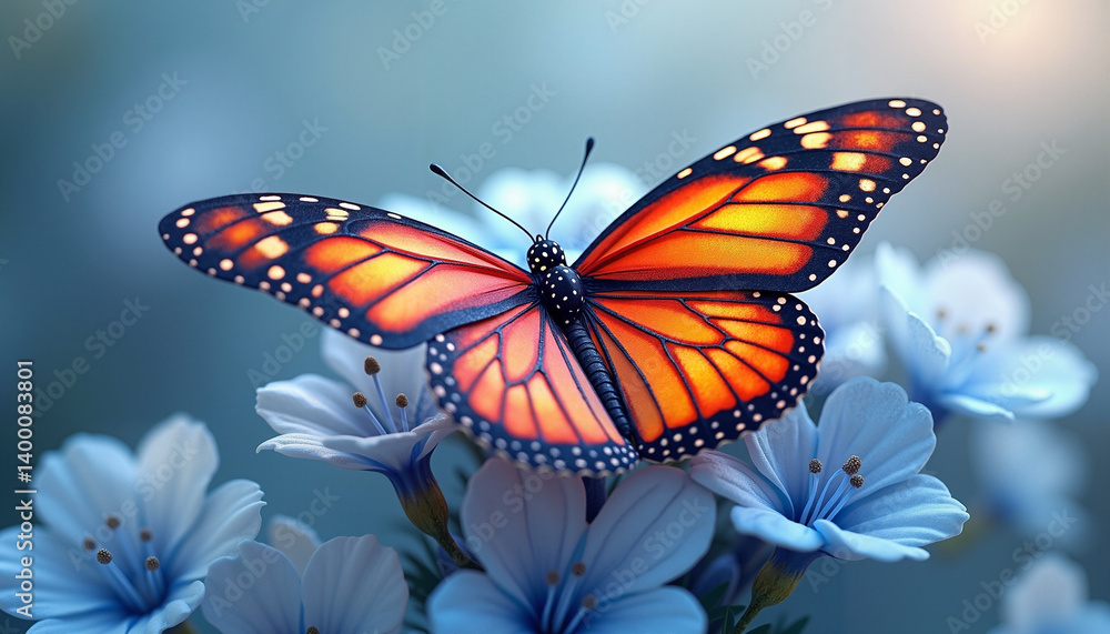 Fototapeta premium Monarch butterfly resting on delicate blue flowers