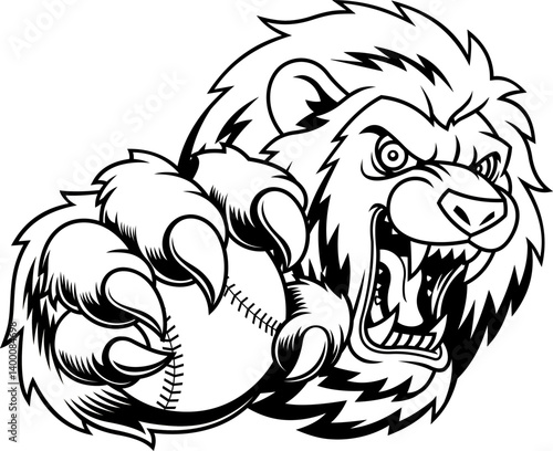Roaring Lion Holding Baseball Ball Mascot Black And
White 