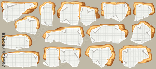 Cartoon game ui panels with empty notebook sheets and pages. Set isolated wooden brown elements with ragged square graph paper, school math sheet. Vector signboards with banners, applications.