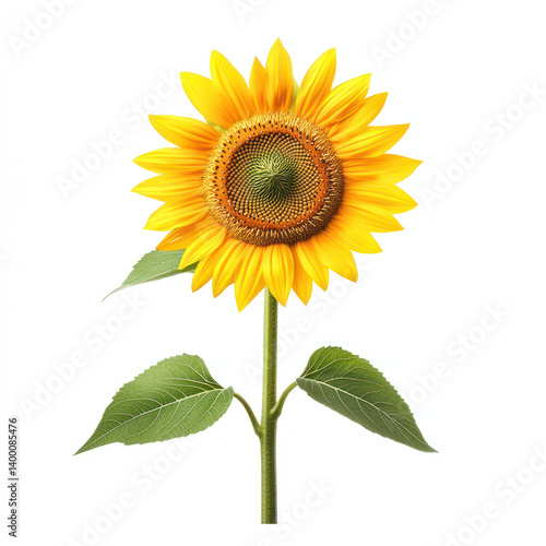bright yellow sunflower with vibrant petals and green leaves stands tall against white background, symbolizing warmth and positivity