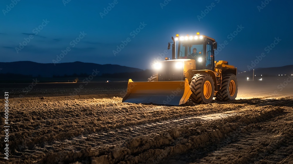 Fototapeta premium Night shot of grader under LED work lights, working after dark