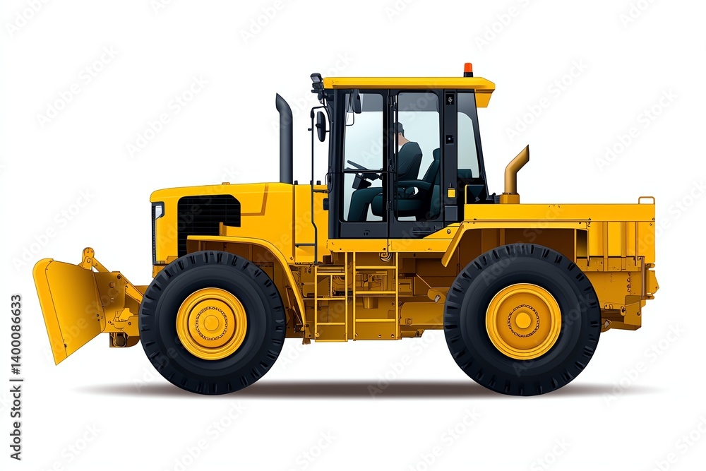 Fototapeta premium a heavyduty road grader clipart, industrial vehicle profile, flat infographic style, isolated on white background