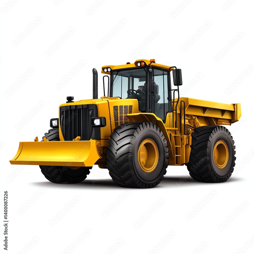 Fototapeta premium a yellow motor grader clipart, road construction vehicle, 3D vector style, bold tones, isolated on white background