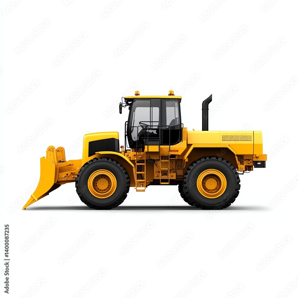 Naklejka premium a yellow motor grader clipart, road construction vehicle, 3D vector style, bold tones, isolated on white background
