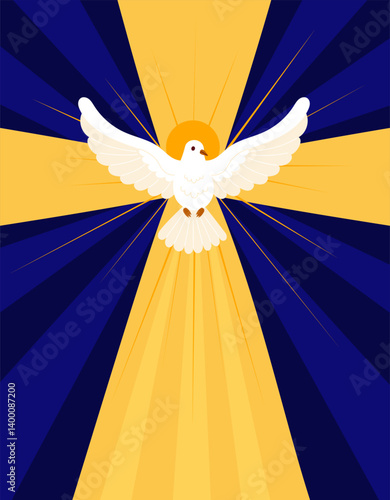 Pentecost Holy Spirit Dove Banner. Catholics or Christians Religious Culture Holiday. Vertical Poster for Biblical Series. Vector Illustration