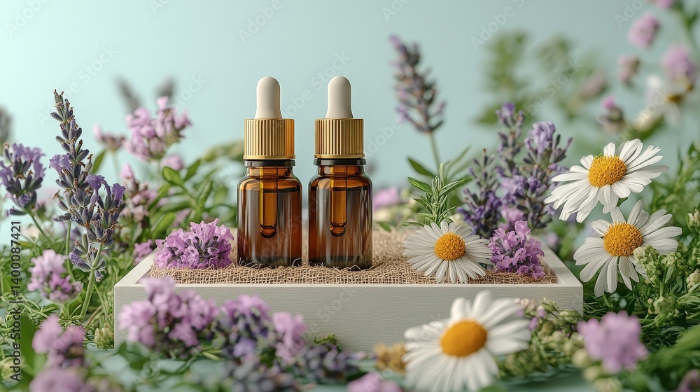 Herbal oil bottles with wildflowers for natural beauty marketing