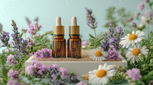 Obraz na płótnie Herbal oil bottles with wildflowers for natural beauty marketing w salonie