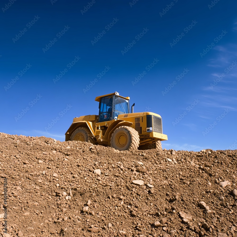 Grader positioned on raised mound, dramatic lowangle shot Grader positioned on raised mound, dramatic lowangle shot