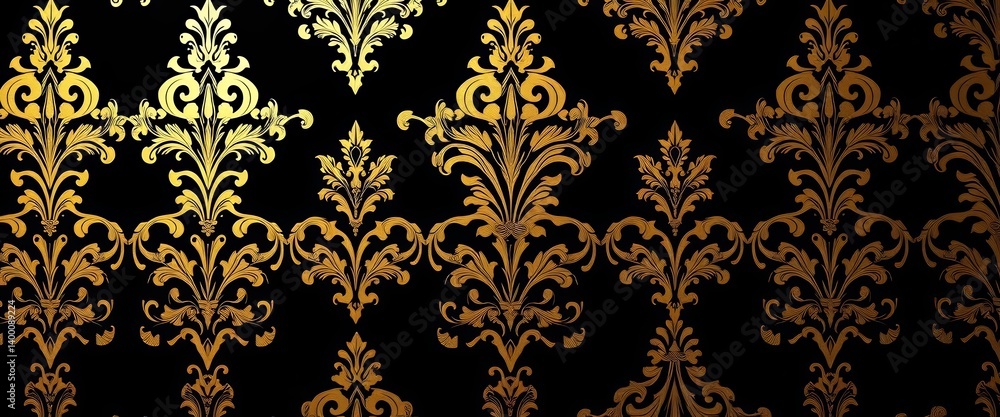 Intricate black & gold damask pattern with metallic accents; luxurious VIP invitation backdrop, premium, vintage Intricate black & gold damask pattern with metallic accents; luxurious VIP invitation backdrop, premium, vintage