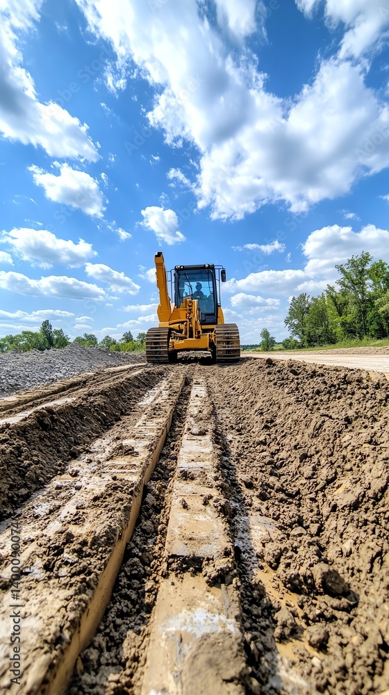 Grader next to concrete plant, part of roadwork construction chain Grader next to concrete plant, part of roadwork construction chain