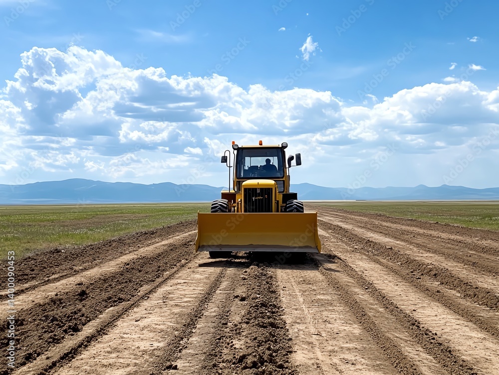 Fototapeta premium Grader smoothing runway at remote airfield, specialized use case