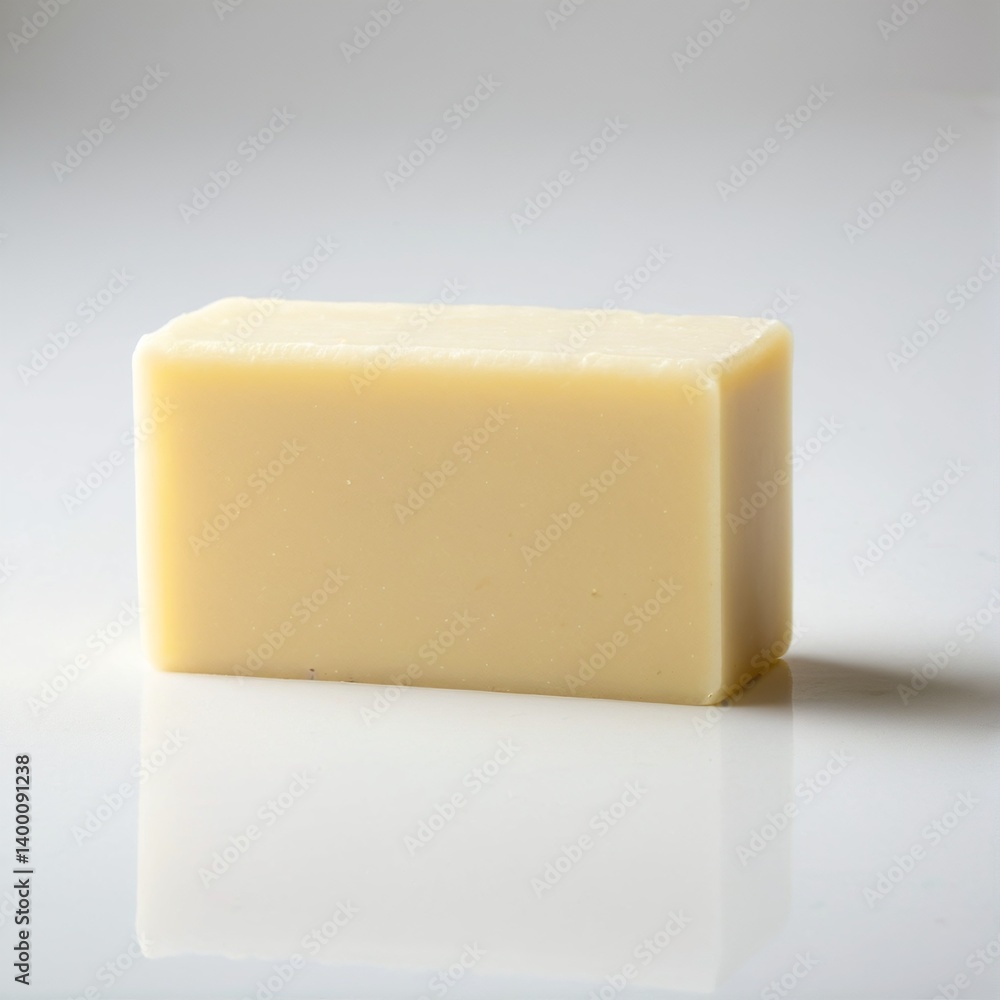 Simple Elegance: A Solid Rectangular Block of Cream-Colored Soap with Smooth Edges Gleaming on a Reflective Surface. Simple Elegance: A Solid Rectangular Block of Cream-Colored Soap with Smooth Edges Gleaming on a Reflective Surface.