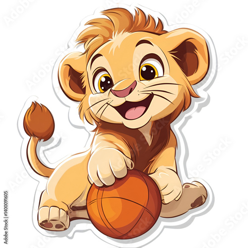 Anime lion cub playing with ball indoor space sticker design playful environment close-up fun concept