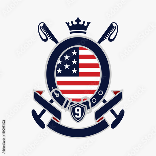 This unique American-themed soccer emblem blends patriotism with sporty elegance. Perfect for teams, fans, or designers seeking a bold crest featuring stars, stripes, and dynamic athletic elements