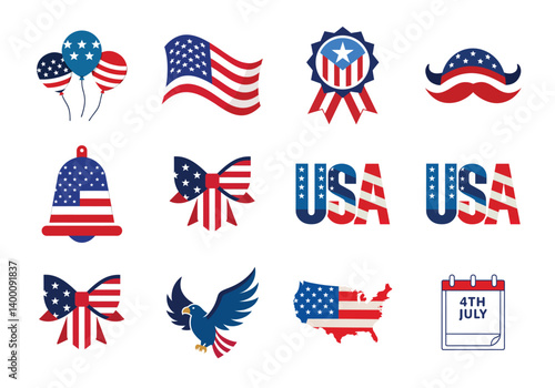 4th of July vector elements set. Collection of American Independence Day vector illustration on white background