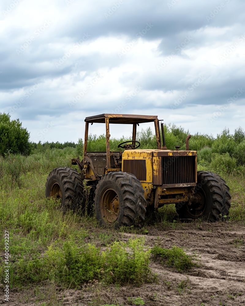 Weathered grader parked in field with overgrown grass, abandoned machinery feel Weathered grader parked in field with overgrown grass, abandoned machinery feel