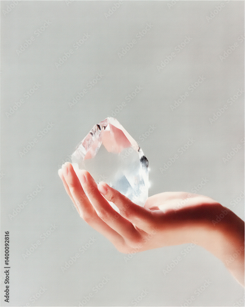 Obraz premium Delicate Hand Holding Clear Quartz Crystal Fragment