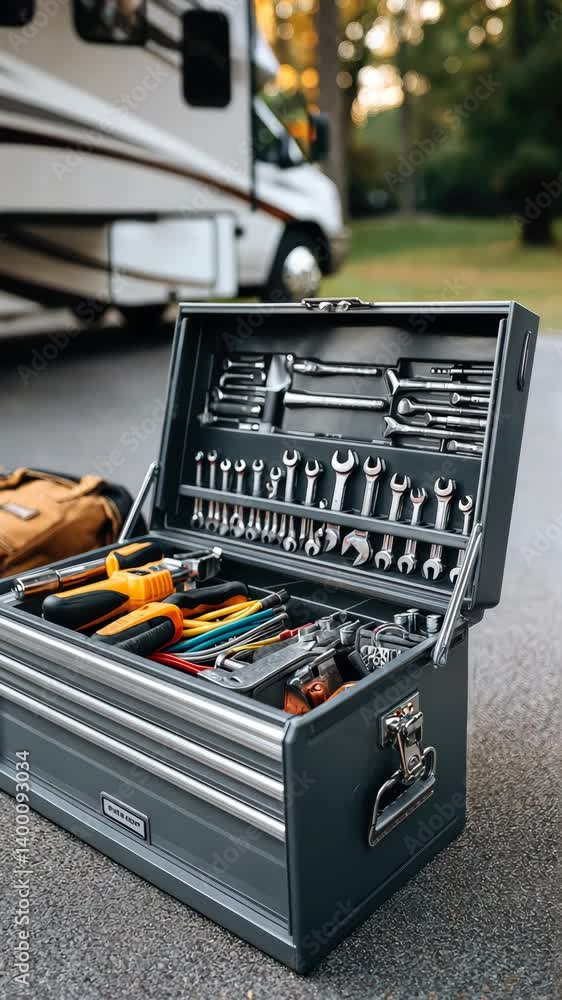 A beautiful day outside brings a neatly organized toolbox full of tools placed beside a parked RV, ready for use