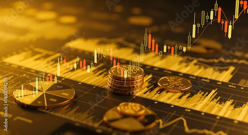 Golden Hour Investment: Financial Charts and Coins AI Generated