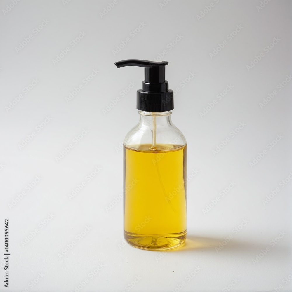 Liquid Gold: A Clear Glass Bottle Filled with Amber-Colored Oil and a Black Pump, Isolated on a White Background Liquid Gold: A Clear Glass Bottle Filled with Amber-Colored Oil and a Black Pump, Isolated on a White Background