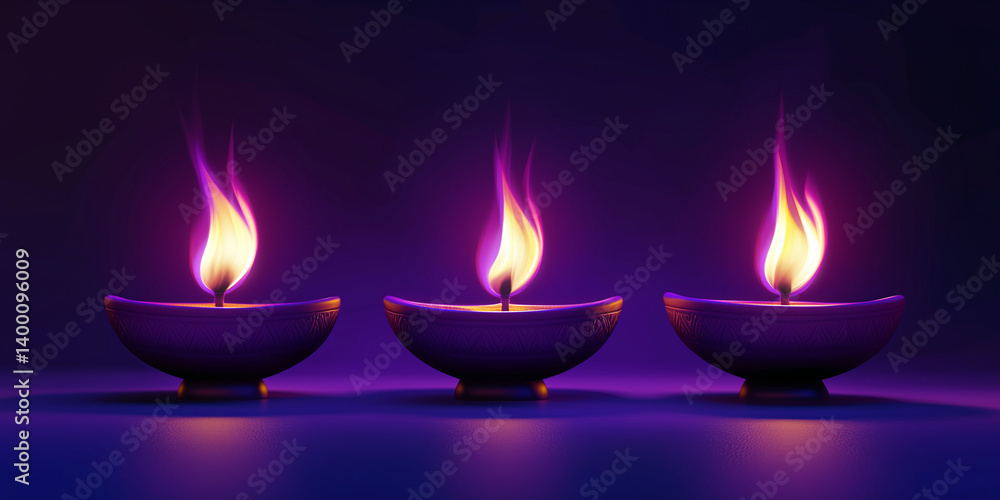 Three burning candles in a metal bowls for Diwali on purple background Three burning candles in a metal bowls for Diwali on purple background