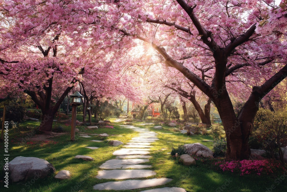 Walking Path Through Cherry Blossom Trees in Beautiful Spring Garden Walking Path Through Cherry Blossom Trees in Beautiful Spring Garden