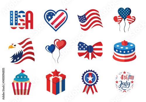 4th of July vector elements set. Collection of American Independence Day vector illustration on white background