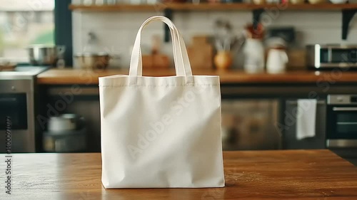 Wallpaper Mural A blank white tote bag sits on a wooden kitchen table with a cozy cooking environment behind it Torontodigital.ca