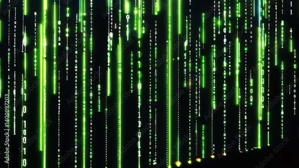 Green binary code streams down across a dark background animation.