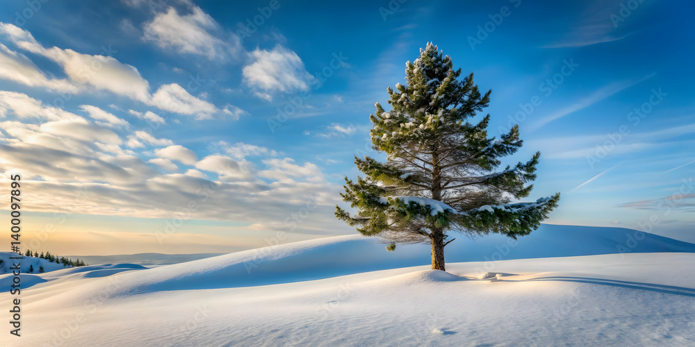 A single pine tree standing on a snowy hill