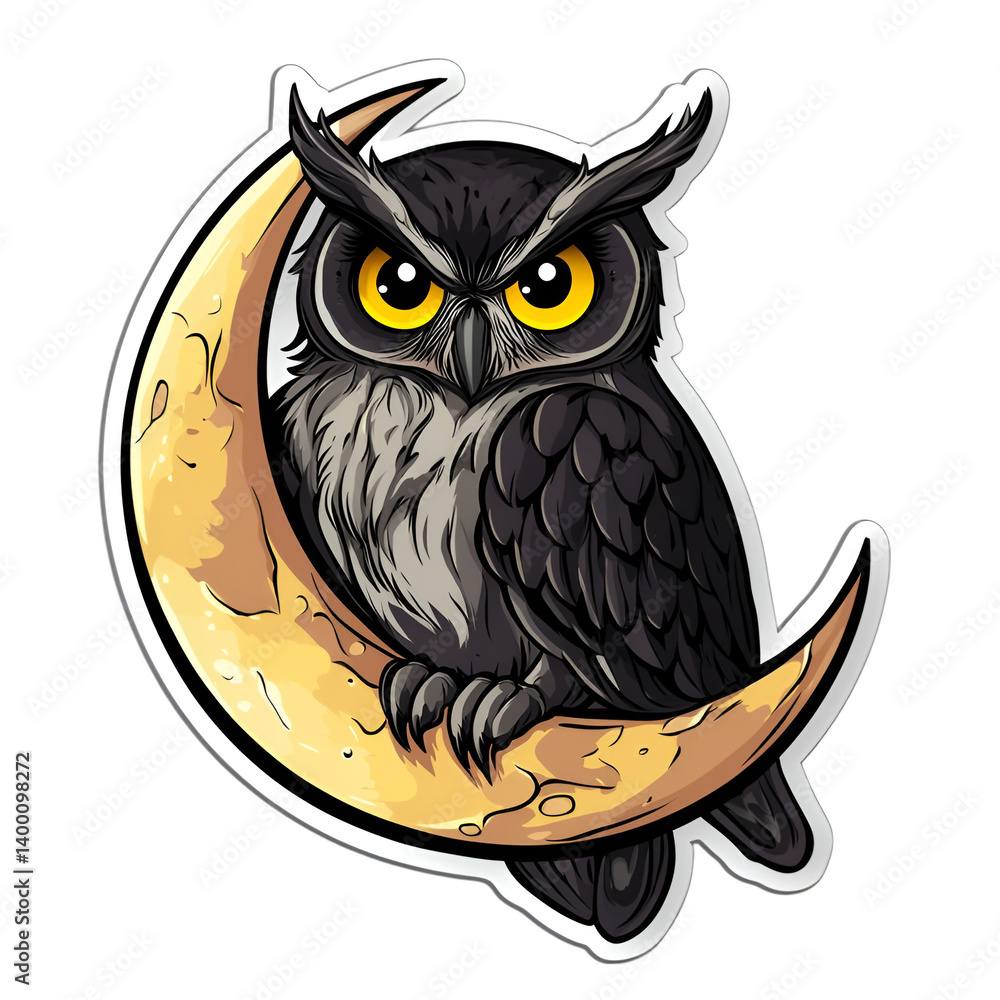 Fototapeta premium Anime owl sitting on crescent moon night sky sticker design whimsical atmosphere artistic perspective fantasy vibe