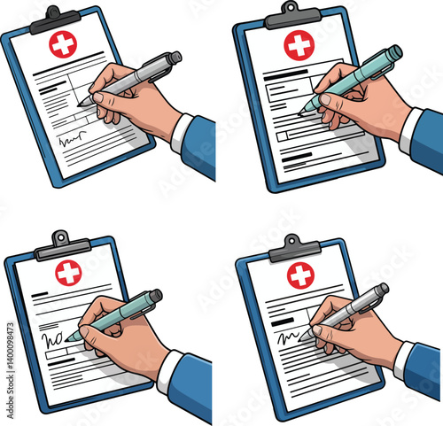 Cartoon Hand Writing on Medical Clipboard Vector Set