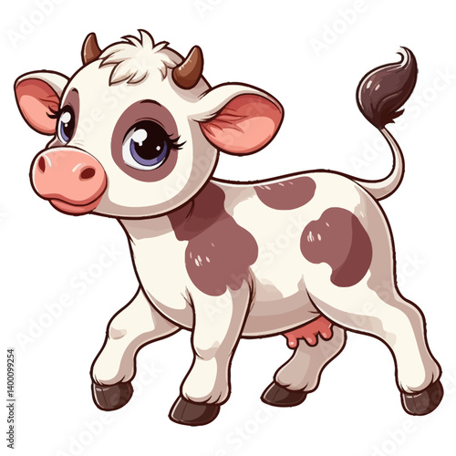 Charming cartoon illustration of a cute brown and white calf with big, adorable eyes and a gentle expression, taking a step. Represents adorable animals, farm animals, and children's themes.