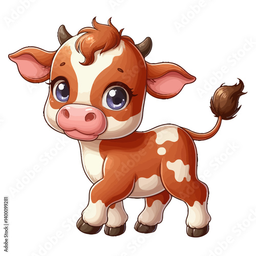 Charming cartoon illustration of a cute brown and white calf with big, adorable eyes and a gentle expression, taking a step. Represents adorable animals, farm animals, and children's themes.
