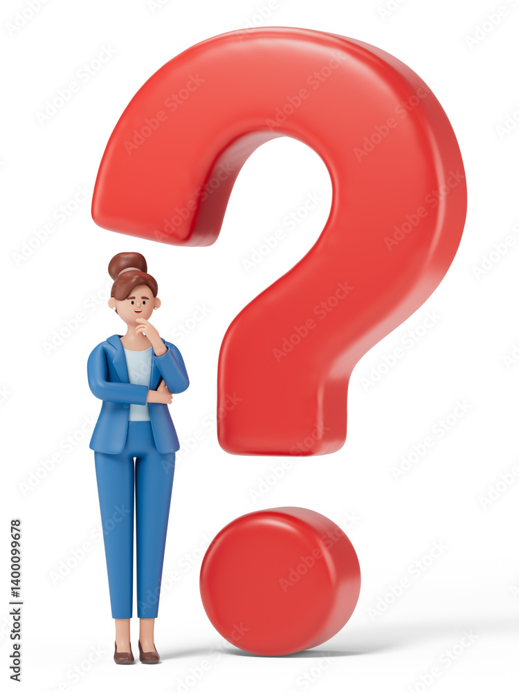 A woman ponders beside a giant question mark, symbolizing confusion or decision-making. 3D rendering, conceptual image. Isolated on white background. A woman ponders beside a giant question mark, symbolizing confusion or decision-making. 3D rendering, conceptual image. Isolated on white background.
