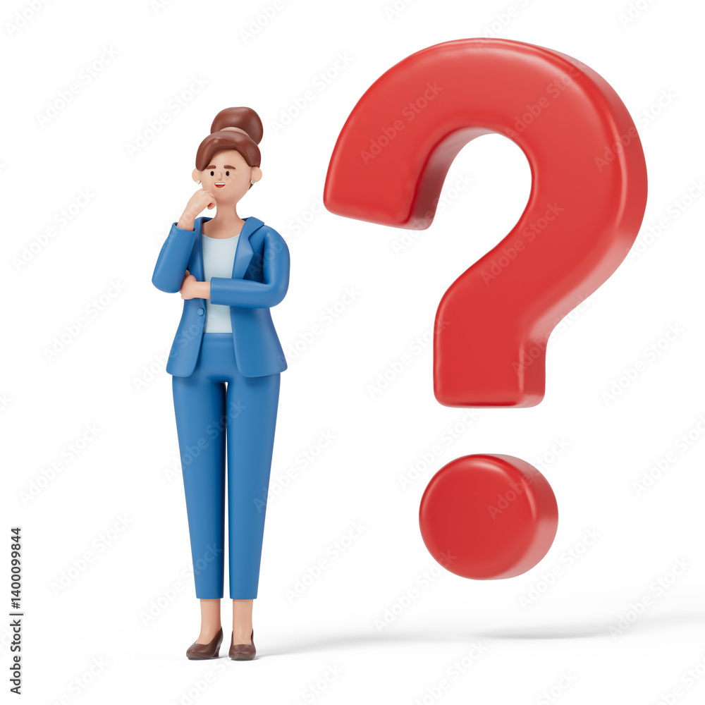 A woman contemplates next to a large question mark, symbolizing confusion or contemplation. 3D rendering, conceptual image. Isolated on white background. A woman contemplates next to a large question mark, symbolizing confusion or contemplation. 3D rendering, conceptual image. Isolated on white background.