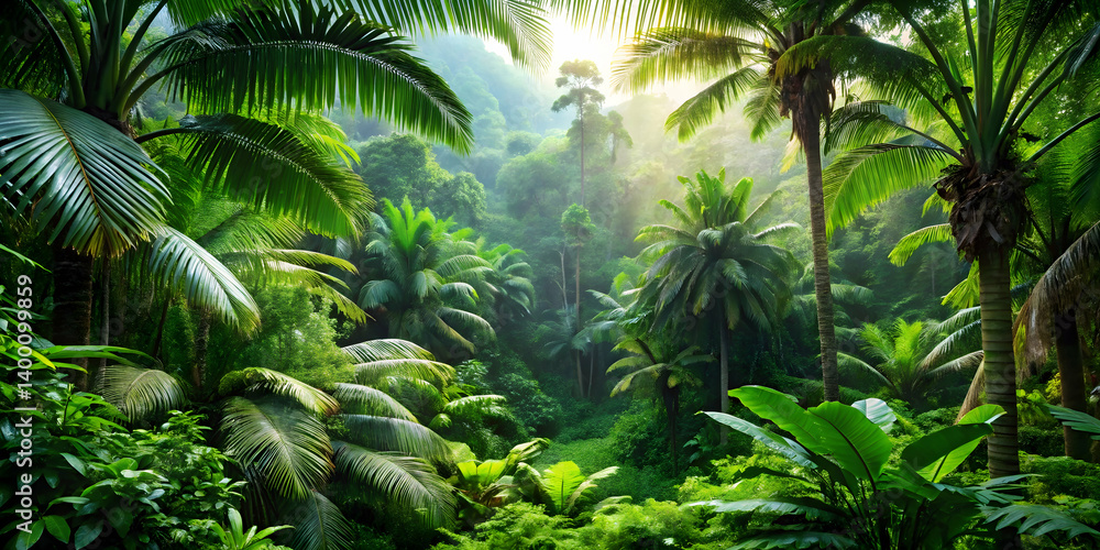 A deep jungle with lush green foliage and tropical trees