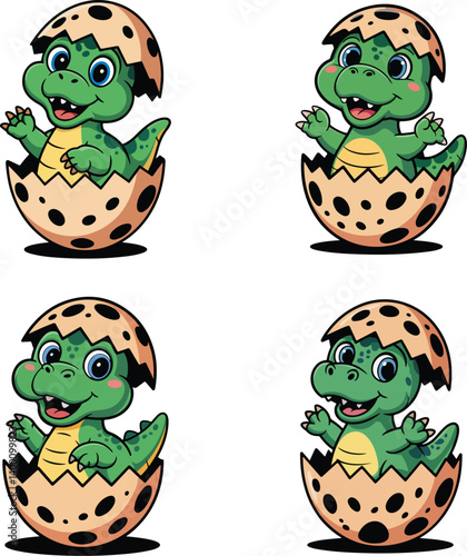 Cute Cartoon Baby Dinosaur Hatching from Egg Vector Set