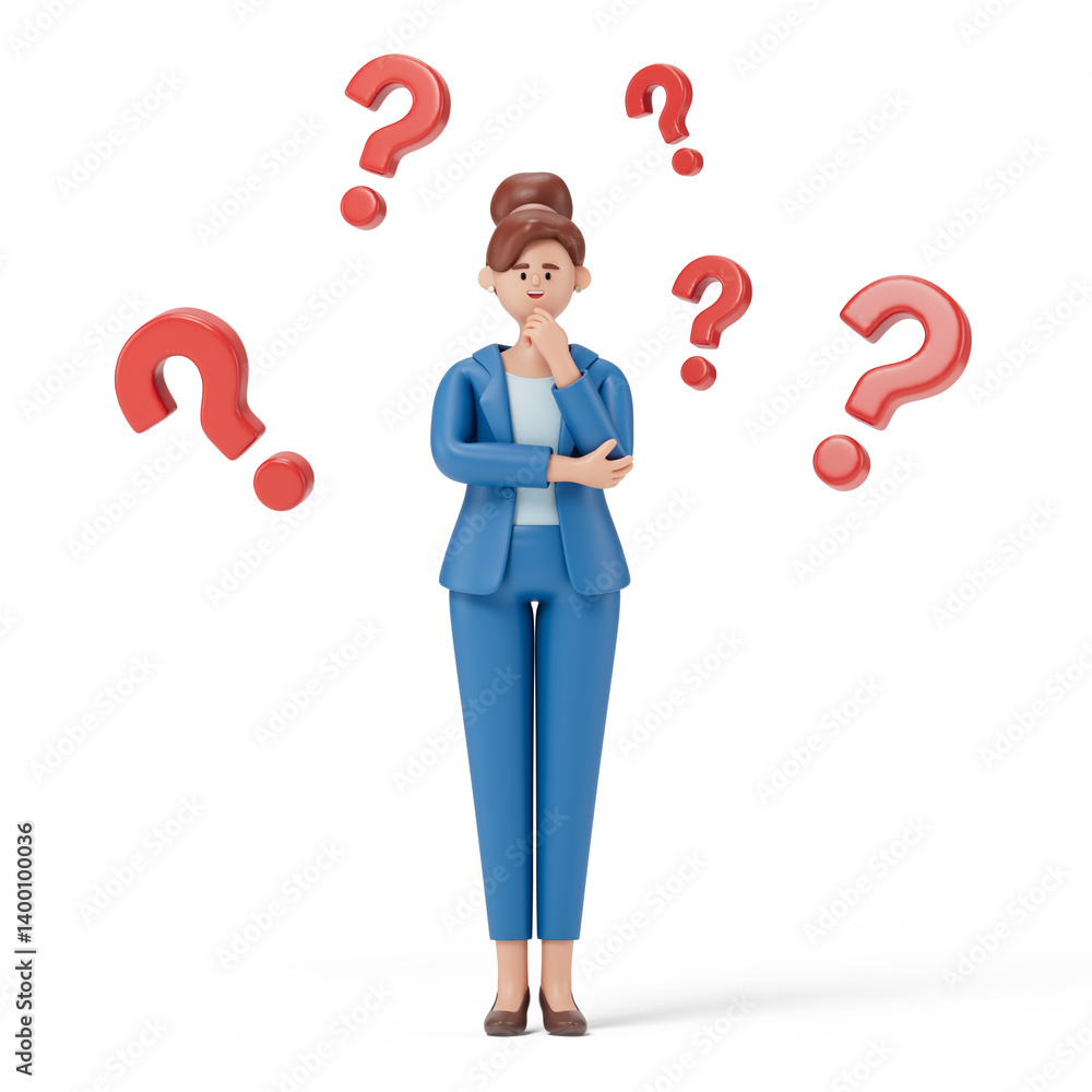 A woman thinks, surrounded by floating question marks, symbolizing uncertainty or decision-making. 3D rendering, conceptual image. Isolated on white background. A woman thinks, surrounded by floating question marks, symbolizing uncertainty or decision-making. 3D rendering, conceptual image. Isolated on white background.