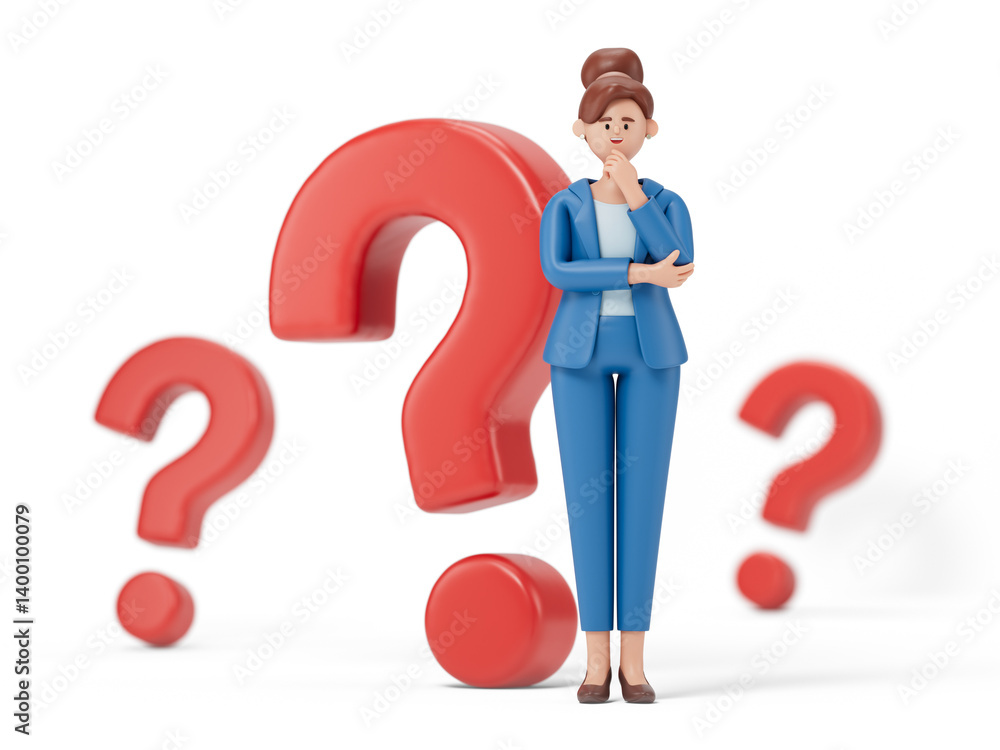 A woman ponders, surrounded by question marks, symbolizing confusion or seeking answers. 3D rendering, conceptual image. Isolated on white background. A woman ponders, surrounded by question marks, symbolizing confusion or seeking answers. 3D rendering, conceptual image. Isolated on white background.