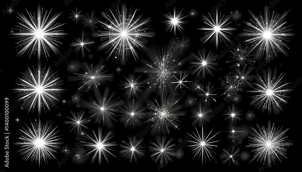 A collection of various white starbursts and sparkles against a dark black background illustration art A collection of various white starbursts and sparkles against a dark black background illustration art