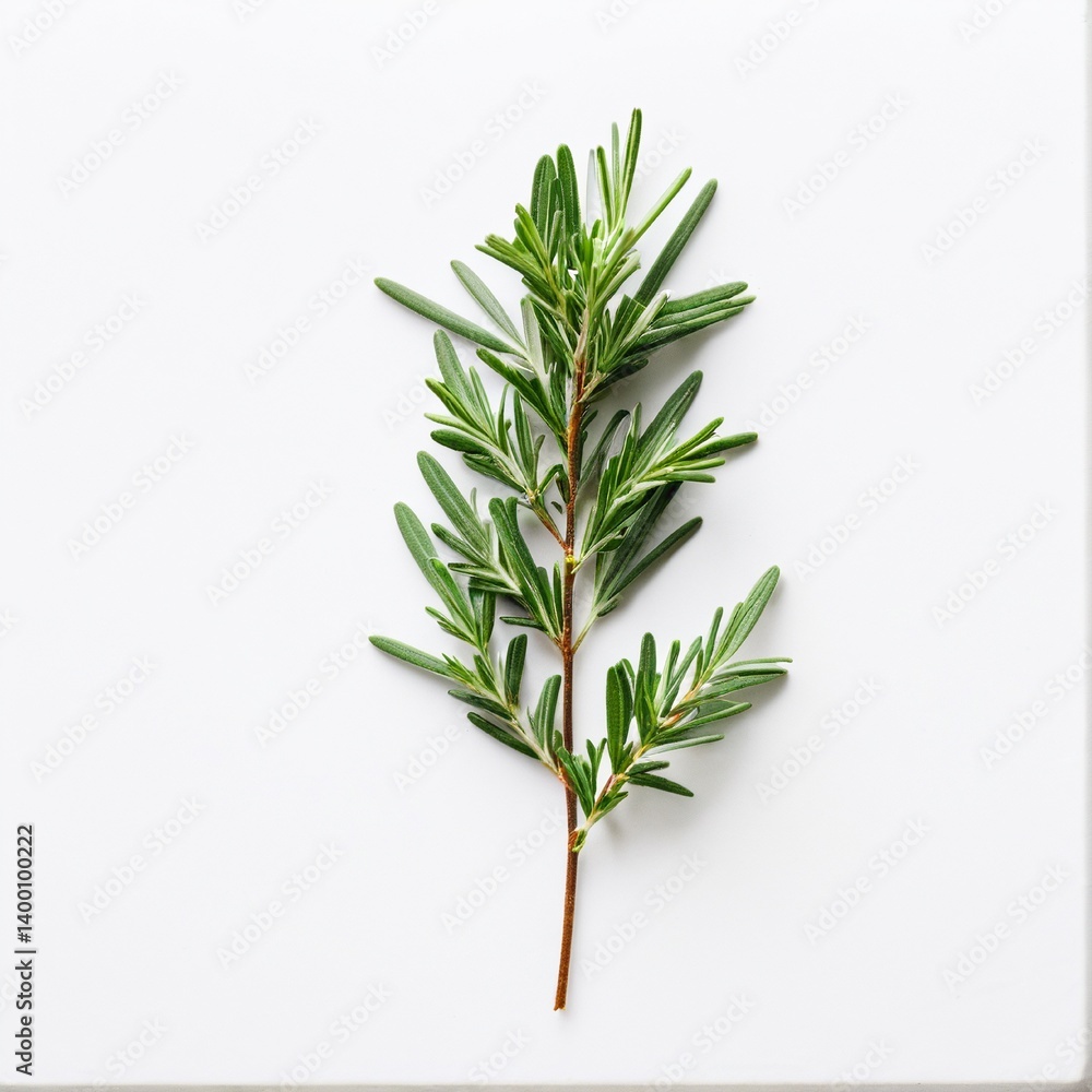 Fototapeta premium Fresh Rosemary Sprig: Aromatic Herb on White, showcasing its verdant foliage and culinary appeal in simple elegance.
