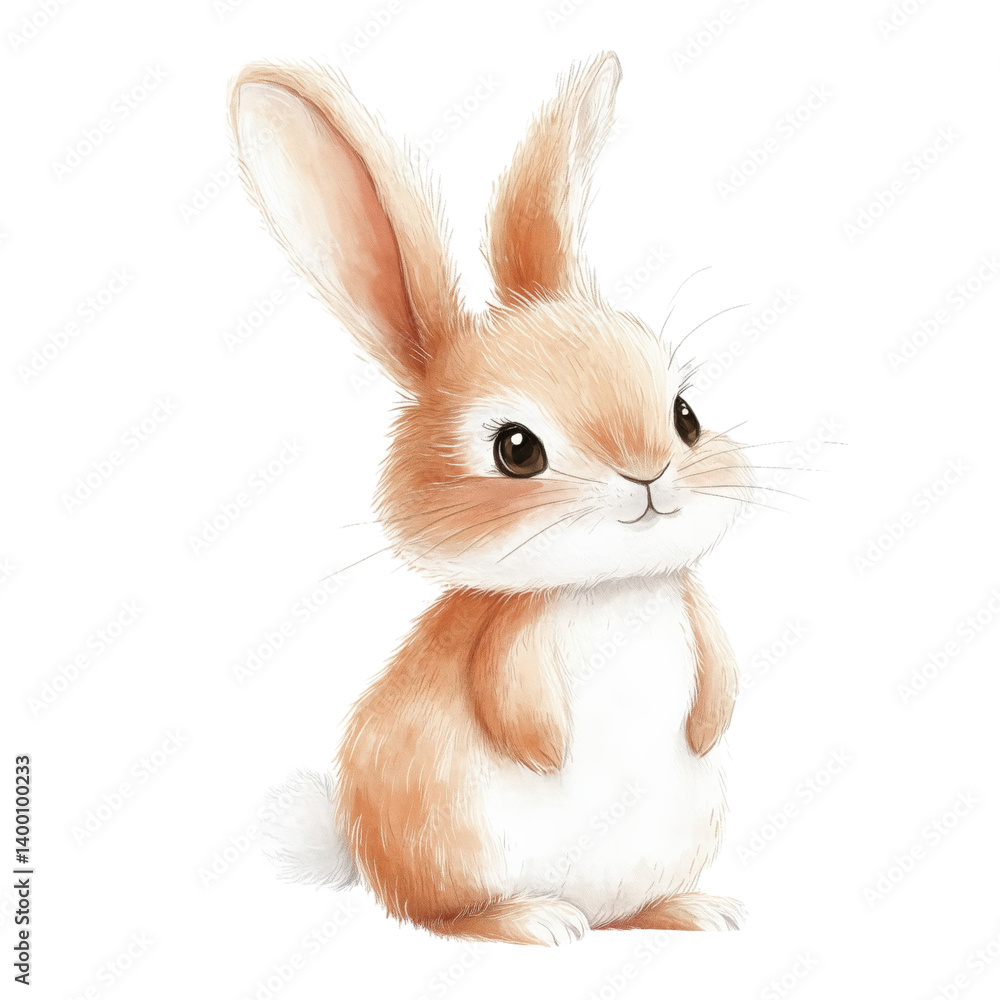 Obraz premium Sweet cartoon bunny sitting in grass with a cheerful smile, perfect for children's books, nursery art, and cute designs.