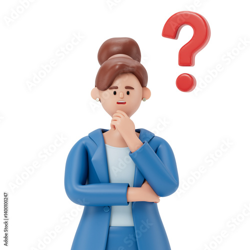 A woman with a thoughtful pose, a question mark above his head, symbolizes pondering or indecision. 3D rendering, conceptual image. Isolated on white background.